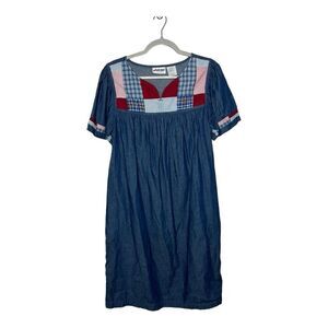 Vintage National Patchwork Denim‎ Dress Womens Medium Cottagecore Prairie Pocket